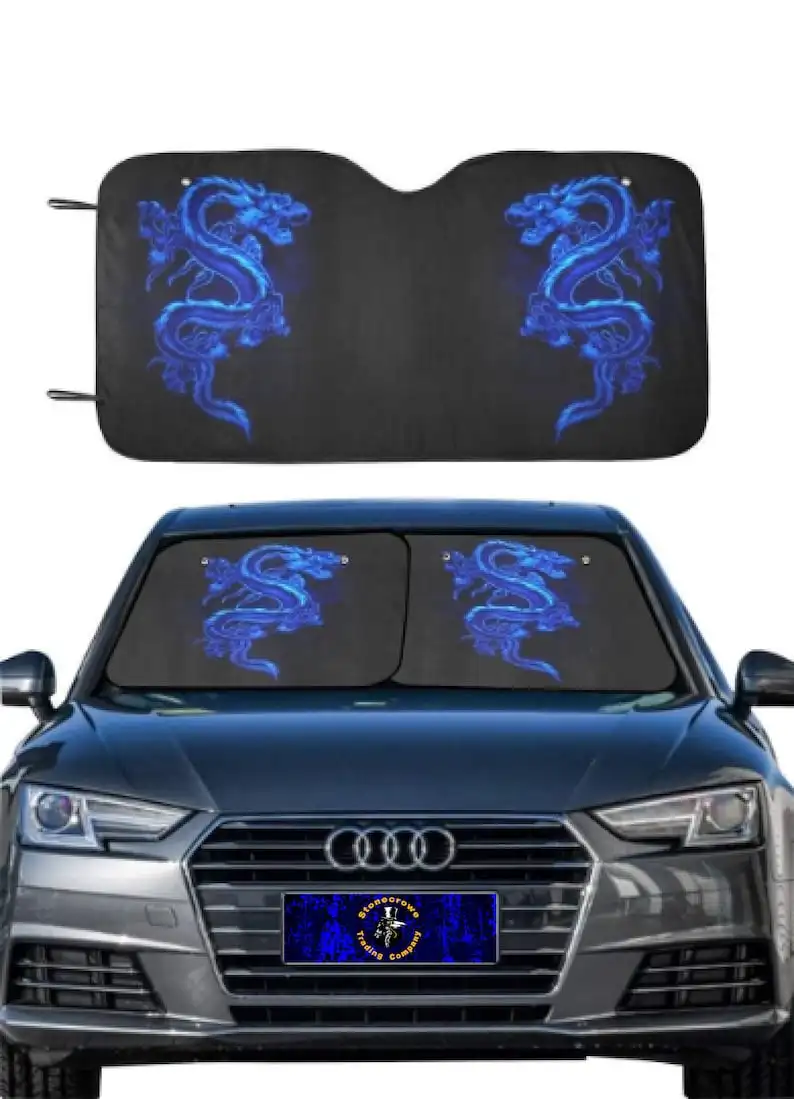 

Автомобильный солнцезащитный козырек с синим огненным драконом, складной Фэнтезийный чехол на лобовое стекло, аксессуары, новый автомобильный подарок с узором