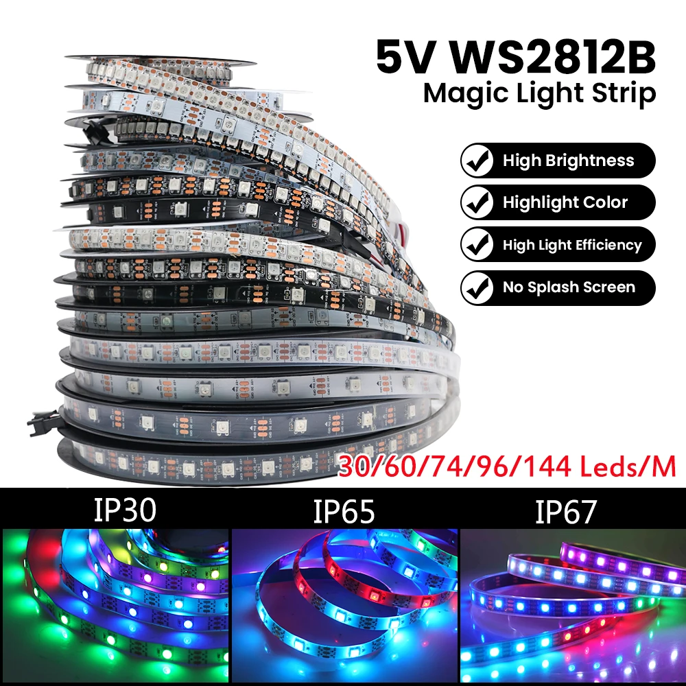 

DC5V WS2812B Individually Addressable 5050 RGB Led Strip WS2812 Smart Pixels Magic Light Black White PCB Waterproof IP30/65/67