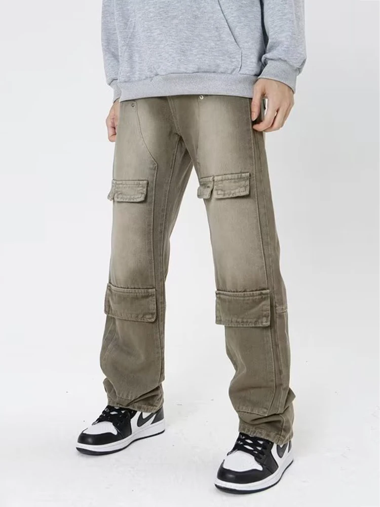 Multi-Pocket Loose Denim Pants Mens High Street Washed Distressed Straight-leg Pants Retro Jeans Mens Pants Baggy Jeans Denim