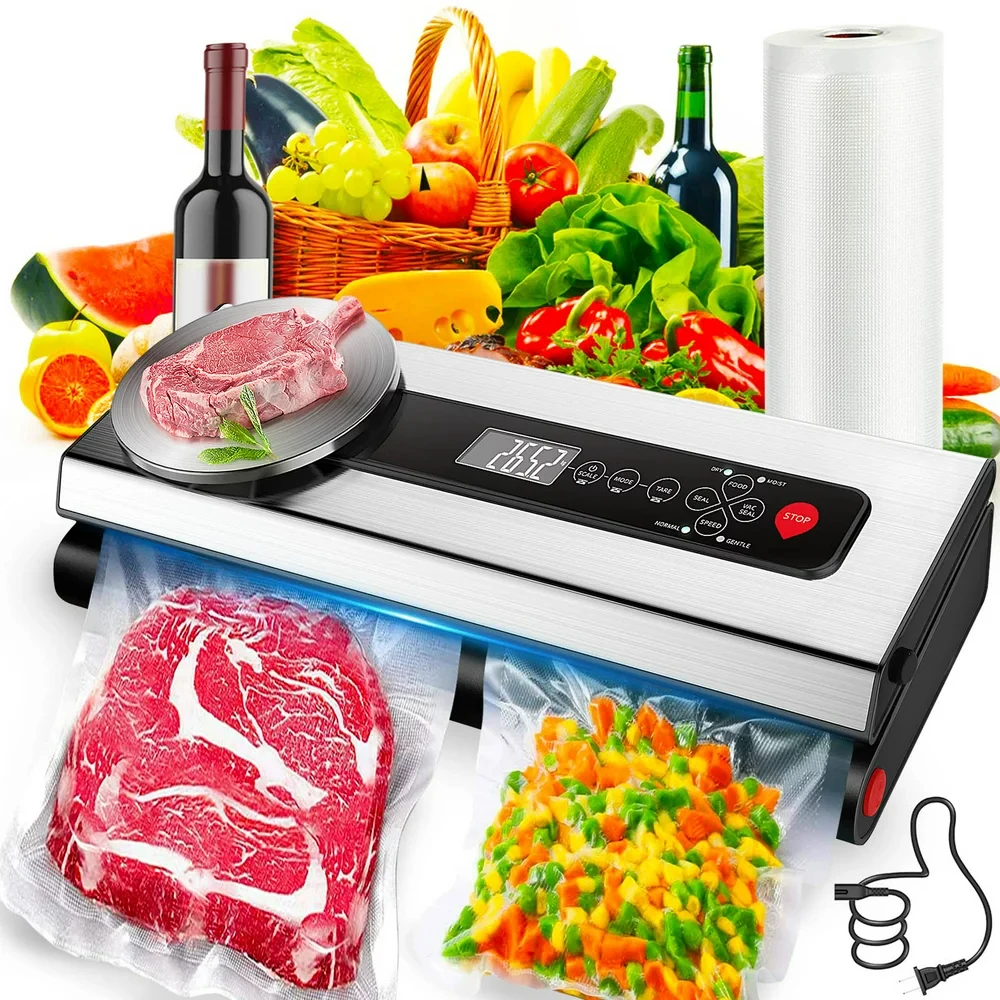 

Sealer with LCD Screen & Food Scale - Seal Dry & Moist Foods with Bags & Rolls - Perfect for Home & Kitchen Use - Preserve Fres