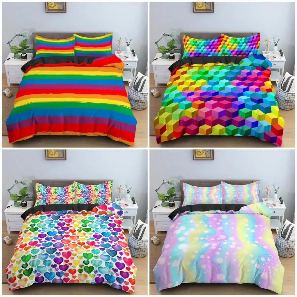 

Colorful Stripe Bedding Set Rainbow Printing Duvet Cover King Queen Size Girls Comforter Cover Bedclothes Pillowcases 2/3pcs