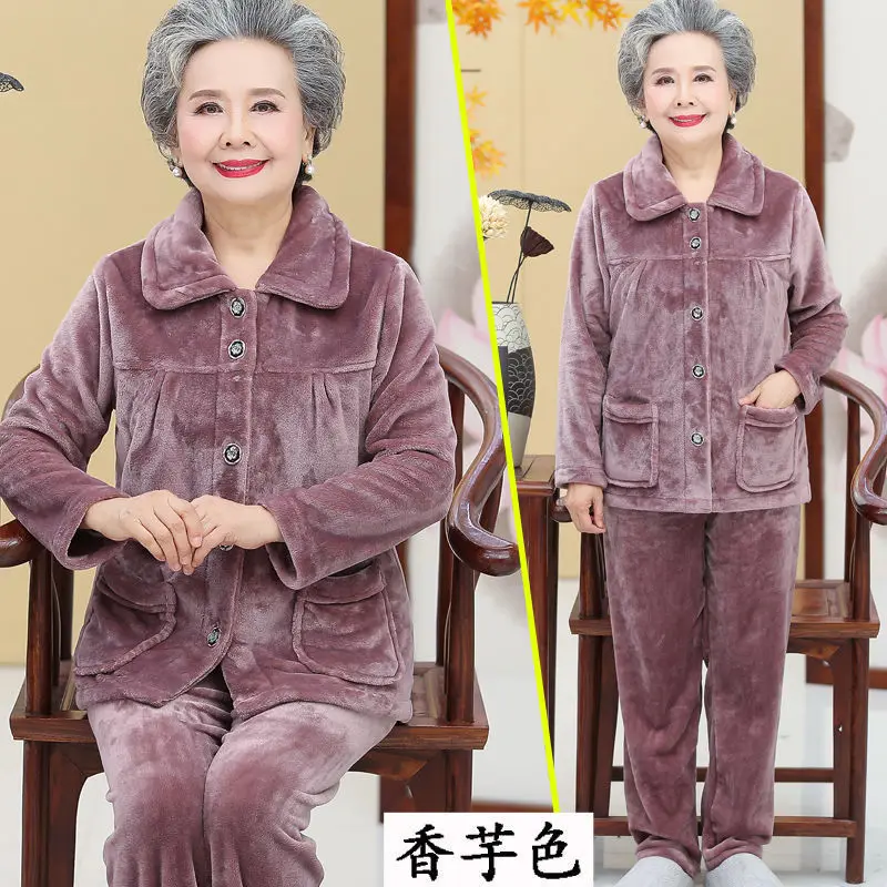 Elder Lady Women's Pajamas Flannel Loose Autumn Winter Coral Fleece  Middle-Aged Mother Grandma Fleece-Lined Homewear Suit