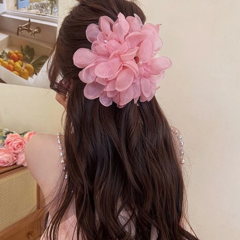Женская Яркая розовая шифоновая Цветочная заколка для волос девушек