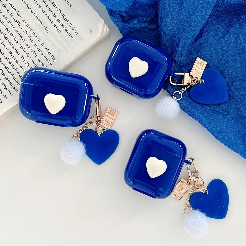 

3D Heart Plush Hairball Keychain Case for AirPods 2 Pro Cute Klein Blue Case For Air Pods 3 Bluetooth Earphone Accessories Cover