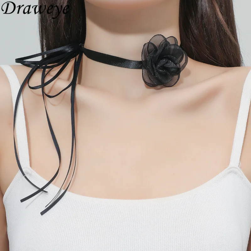 

Draweye Vintage Solid Necklaces for Women Flower Sweet Lace Bandage Elegant Jewelry Ins Fashion Sexy Hot Chokers Simple Design