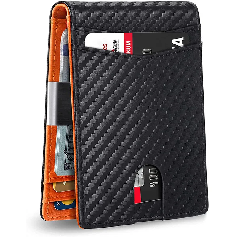 DOXUNGOO RFID Anti Theft Brush Wallet For Men's Fashionable Carbon Fiber Twill Genuine Pickup Truck Bag Card Cash Out Gold Clip