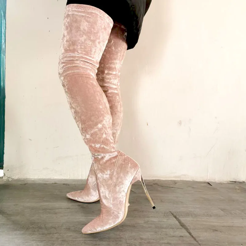 Ботфорты женские на высоком каблуке розовые Бархатные ботфорты с острым носком