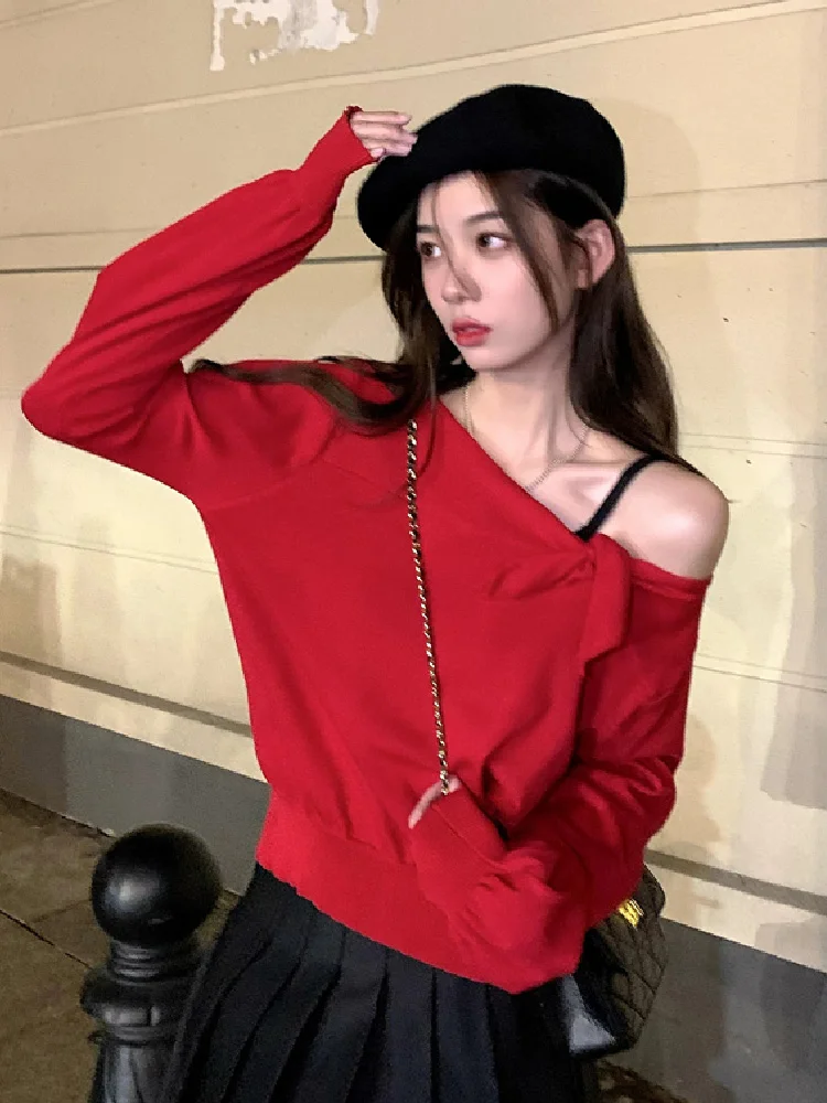 

Korean Sexy Off The Shoulder Knitted For Tops 2022 Spring Autumn Women'S Lazy Casual Pullover Sweater Solid Loose Pull Female