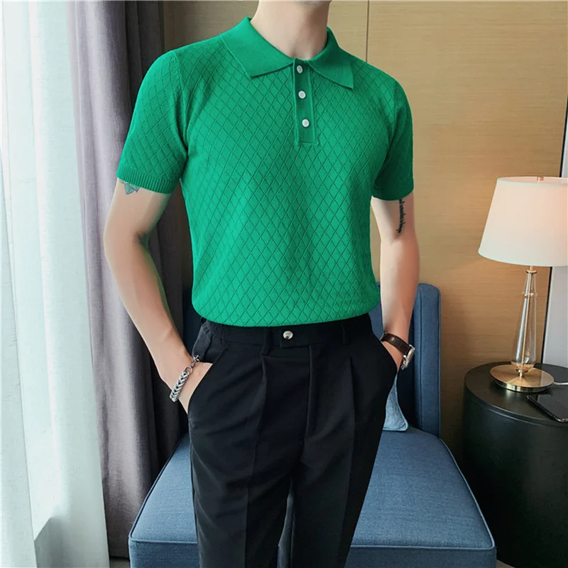 

2023 Top quality Men's Summer Knitting POLO Shirts/Male Slim Fit Breathable Plaid Short Sleeve POLO Shirts/Man Handsome Tops