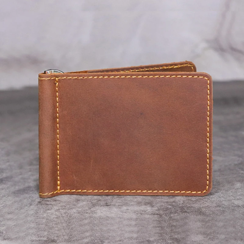 Фото Handmade Genuine Leather Money Clip Wallet for Men Male Crazy Horse Cowhide Short Bifold Slim Money Clip №3