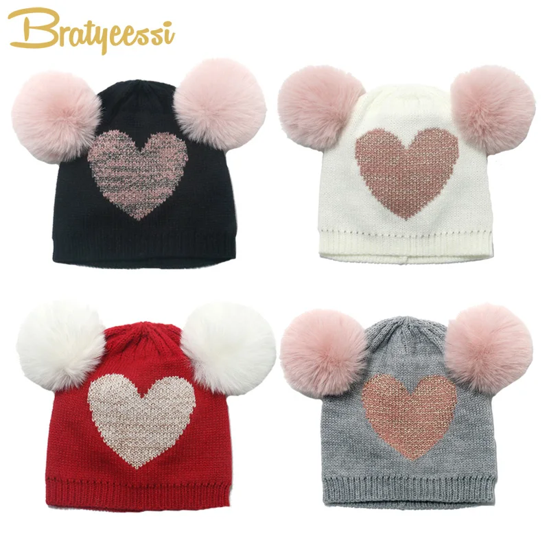 

Bobble Baby Winter Hat Knitted Pom Pom Baby Beanie Kids Cap for Girls Boys Accessories Sweet Heart Children Hats Christmas Gift
