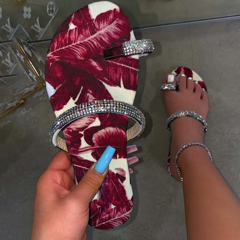 Женские шлепанцы с принтом Летние повседневные на плоской подошве кристаллами