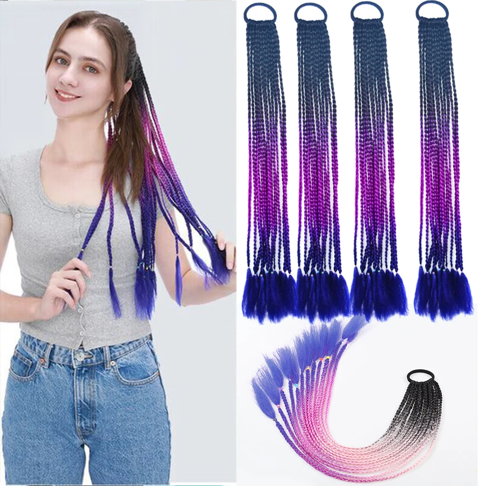 Synthetic Colorful Box Ponytail Hair Extensions False Overhead Tail with Rubber Elastic Band Braiding Rainbow Hairpiece Pigtail