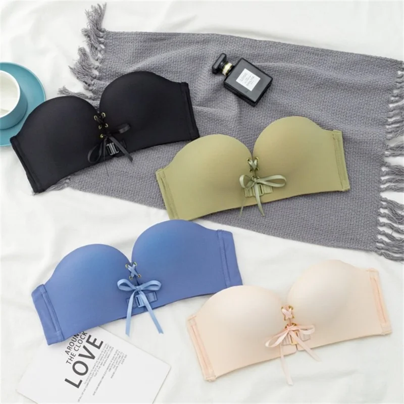 Sexy Women Strapless Bra Drawstring Front Closure Bralette Wireless Push Up Non-slip Brassiere Small Bust Invisible Lingerie