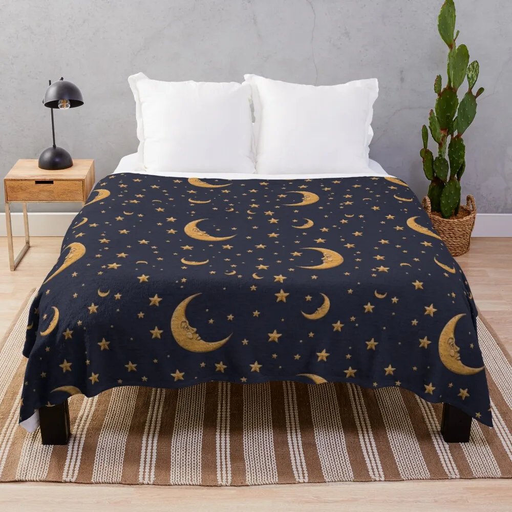 

Vintage Gold Moon And Stars on Blue Throw Blanket Personalized Gift