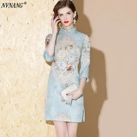 nvnang chinese cheongsam jacquard modified cheongsam womens medium length dress seven sleeve slim dress