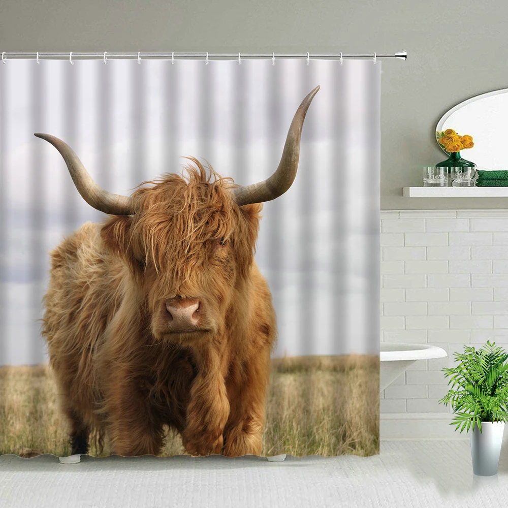 

Highland Cows Black Shower Curtains Western Wildlife Animal Bull Portrait Bathroom Decor Bathtub Screens Waterproof With Hooks
