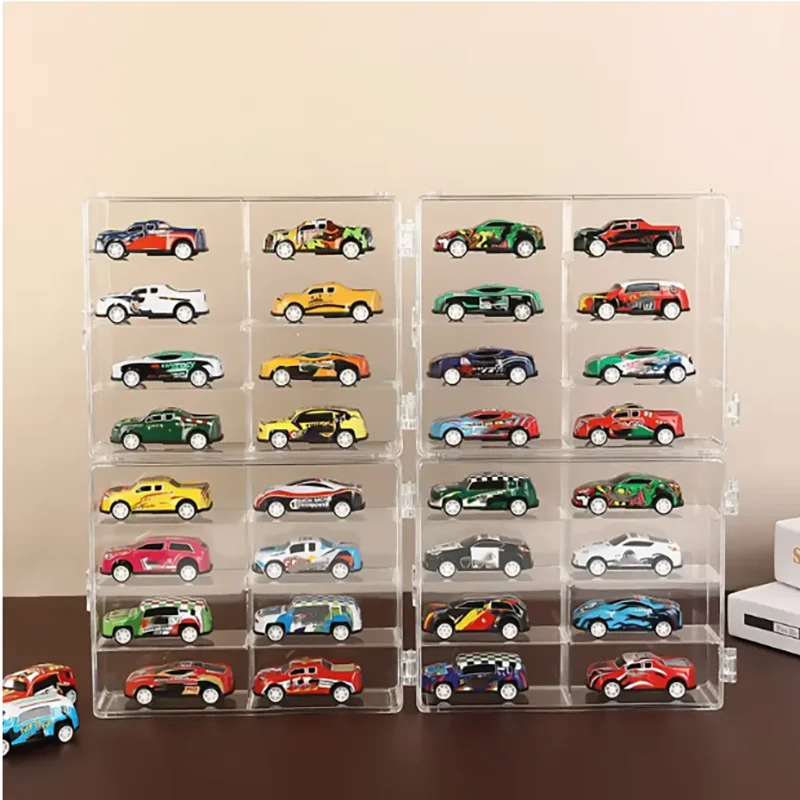 Фото Акриловая автомобильная витрина 1:64 для Hot Wheels, модель автомобиля, игрушка, 8 сеток, стойка для шкафа, пылезащитные штабелируемые автомобильные ящики для хранения, прозрачные №5