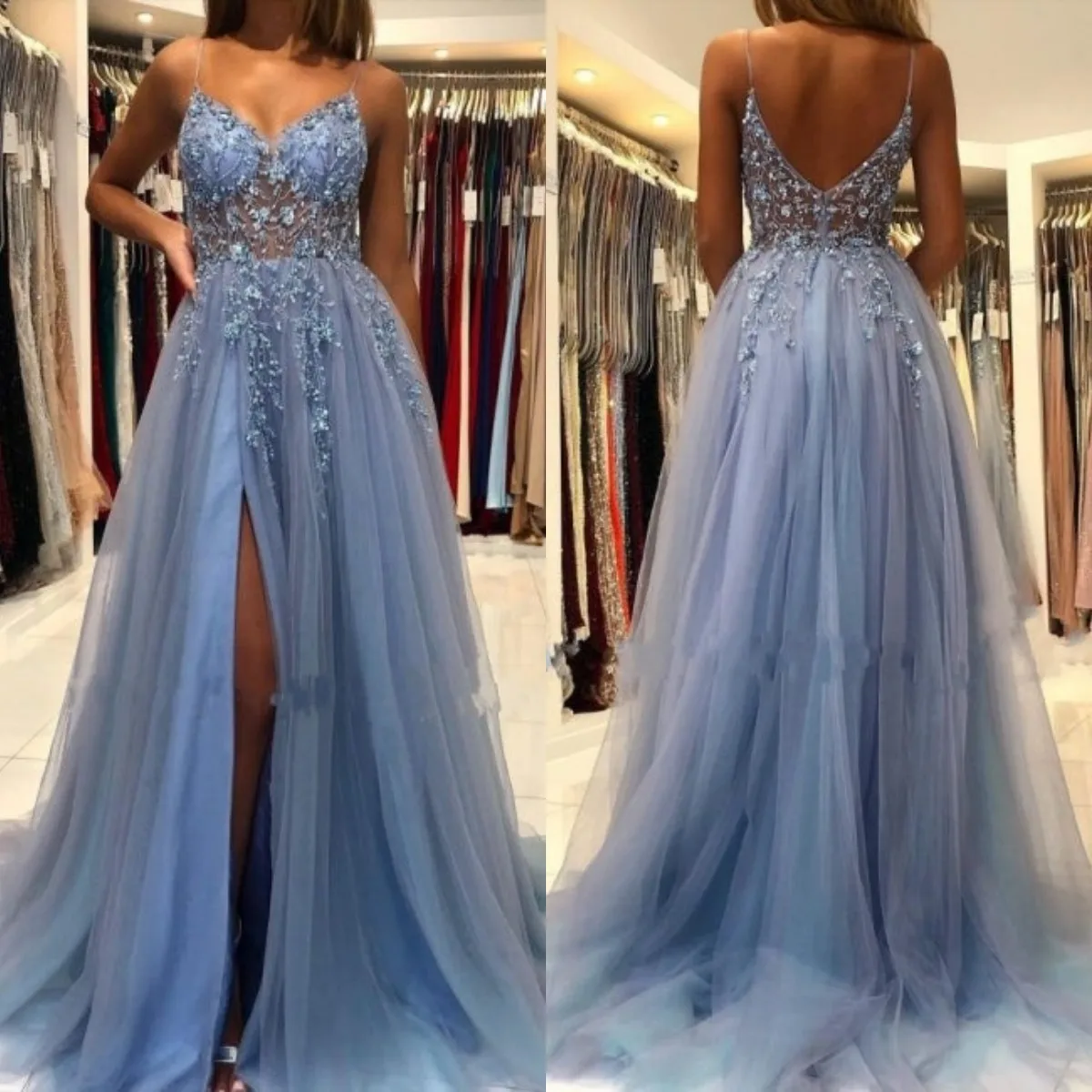 

Elegant Blue Long Evening Dresses Beading Lace Appliqued Prom Dress with Slit Tulle Party Gown Robes De Mariee