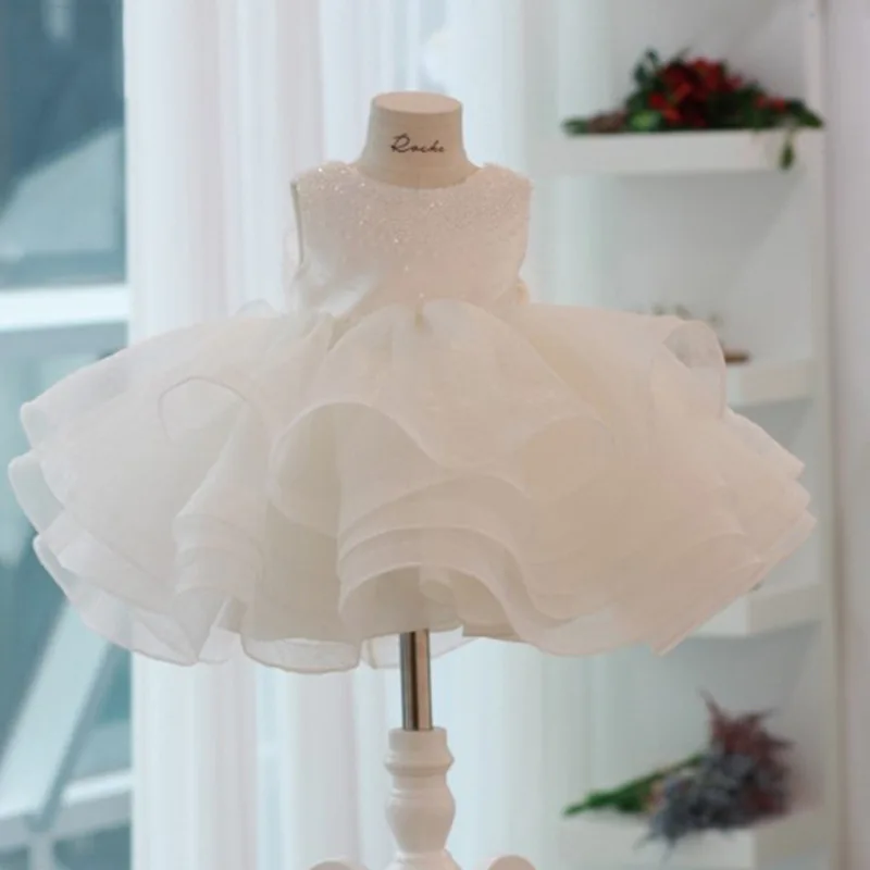 Infant 1 Year Birthday Baby Girl Dress Children Clothes Baby Beading Cake Princess Dress White Lace Party Wedding Baptism Dress