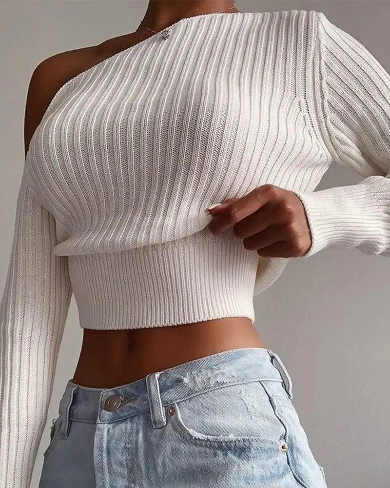 Women Sexy Pullover Elastic Fashion Sweaters Cold Shoulder Long Sleeve Crop Sweater Tops Solid Color