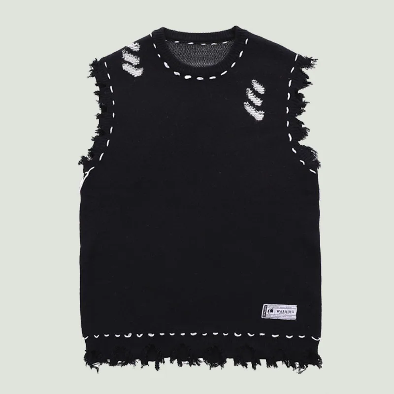 Hole Sweater Vest Harajuku Vests Streetwear Oversized Vintage Knitted Distressed Casual Fringed Unisex Men's Sleeveless Pullover