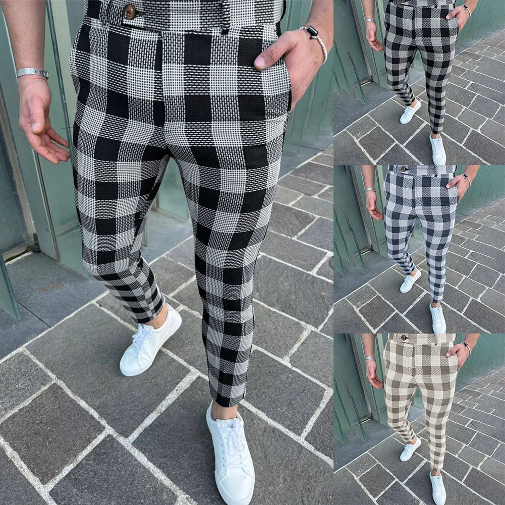 

2022 Men Slim Fit Plaid Print Zipper Casual Fashion Long Pants Trousers Office Daily Work Style Temperament Pants