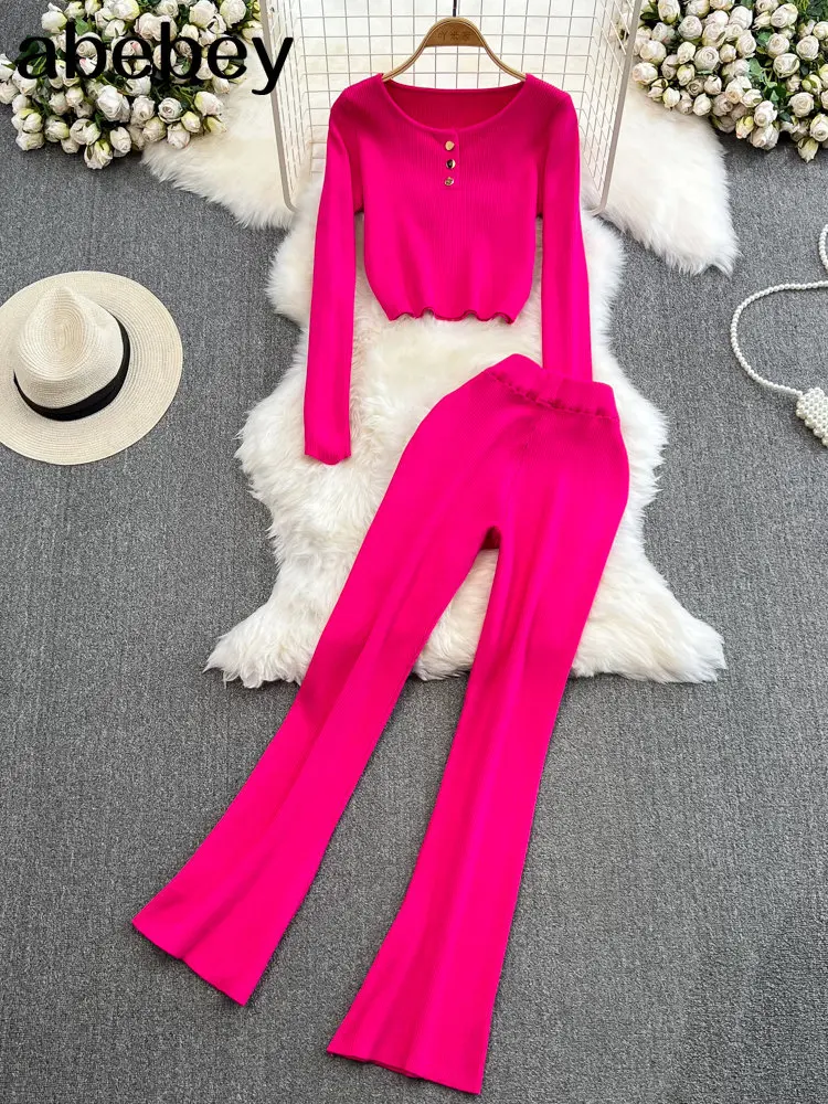 

Autumn Winter O-Neck Women Sweater Bead Knitted Sweater Pants Tracksuit Fashion Knit 2pcs Pant Set Cozy Warm Ladys Casual Suit