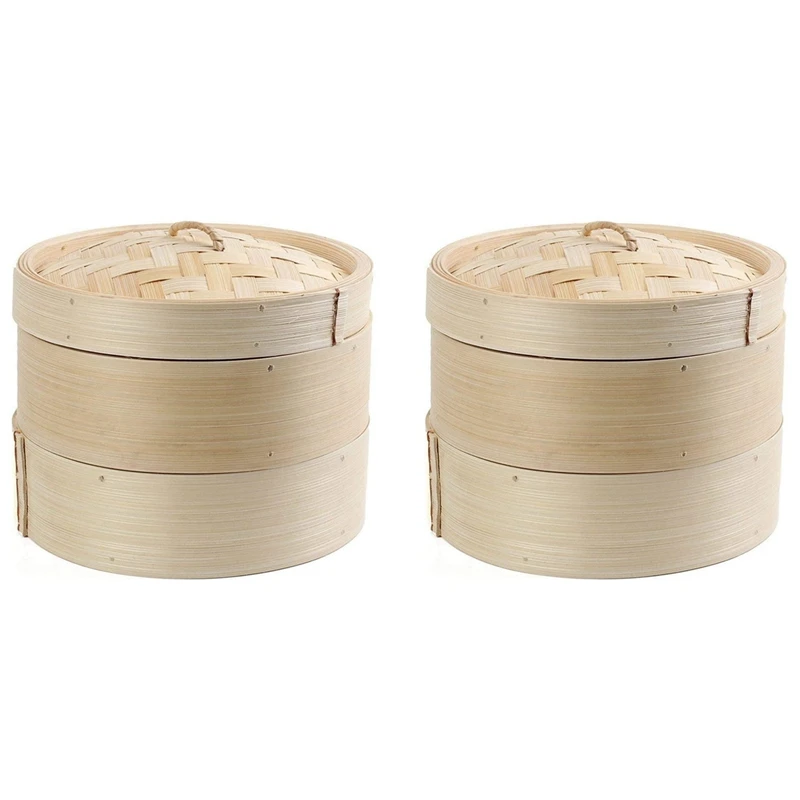 

2X Bamboo Steamer 2 Tier 8 Inch Dim Sum Basket Rice Pasta Cooker Set With Lid By Steam Basket For Vegetables