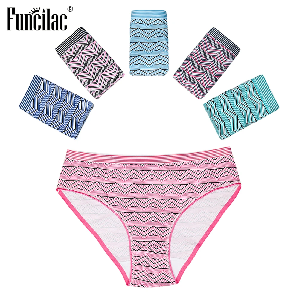 FUNCILAC Plus Size Underwear Women Sexy Briefs Geometric Panties Cotton Crotch Mid-Rise High Quality Lingerie 2XL-4XL 6 pcs/lot