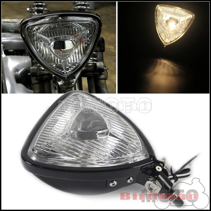 

Универсальный мотоциклетный треугольный налобный фонарь в черном корпусе, 12 В 55 Вт, налобный фонарь для чоппера, кафе, гоночного круизера