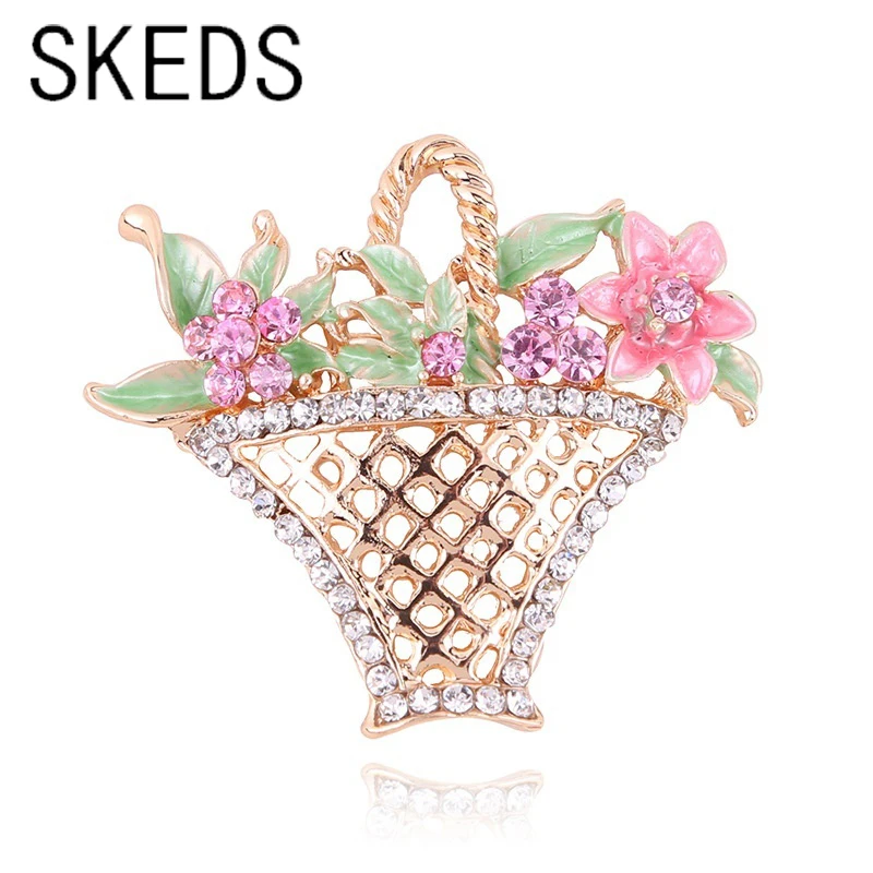

SKEDS Fashion Elegant Crystal Enamel Basket Brooch For Women Flower Rhinestone Luxury Corsage Lapel Pin Brooches Accessories