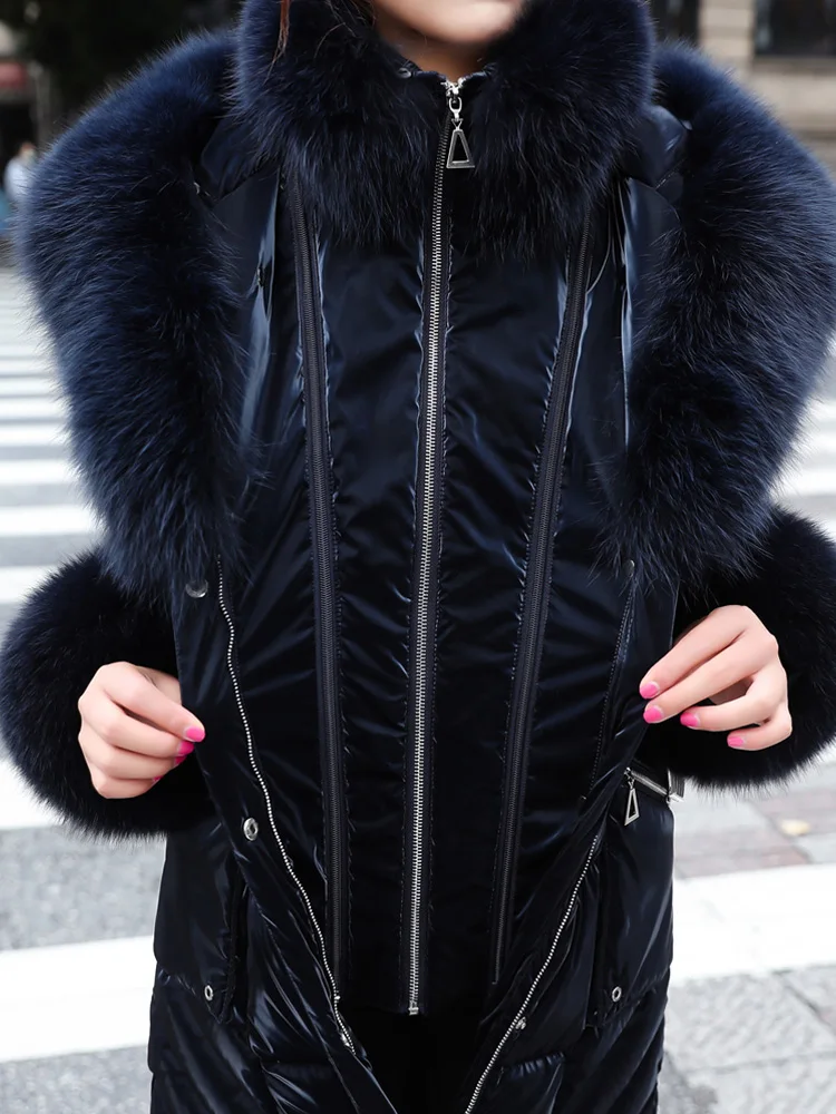 New Women Real Fur Down Coat Winter Double Fox Fur Collar Wash Free Glossy Surface Thicken Warm Belt Slim Long Down Jacket
