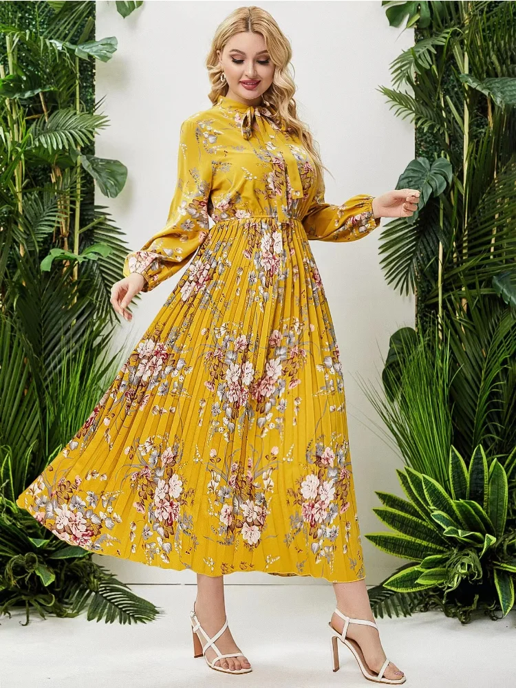 Long skirt pullover elastic waist chiffon printing fashion pleated dress plus size female plus size women clothing