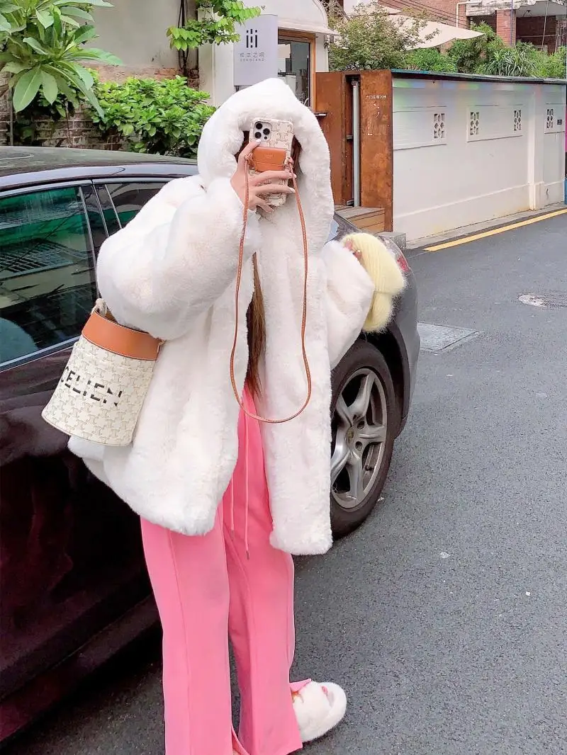 Женская зимняя толстовка с капюшоном из искусственного кроличьего меха