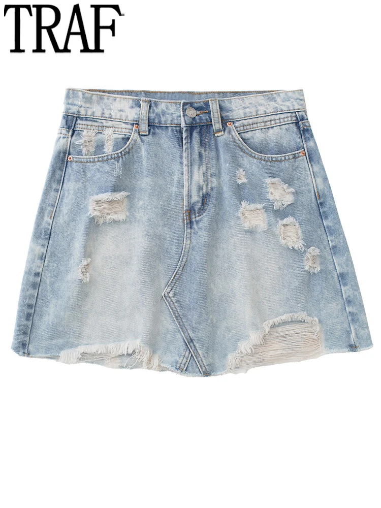 

TRAF Blue Denim Skirt Women High Waist Mini Jeans Skirt For Girls Frayed Sexy Short Skirts Woman Fashion 2022 Y2k Summer Skirts