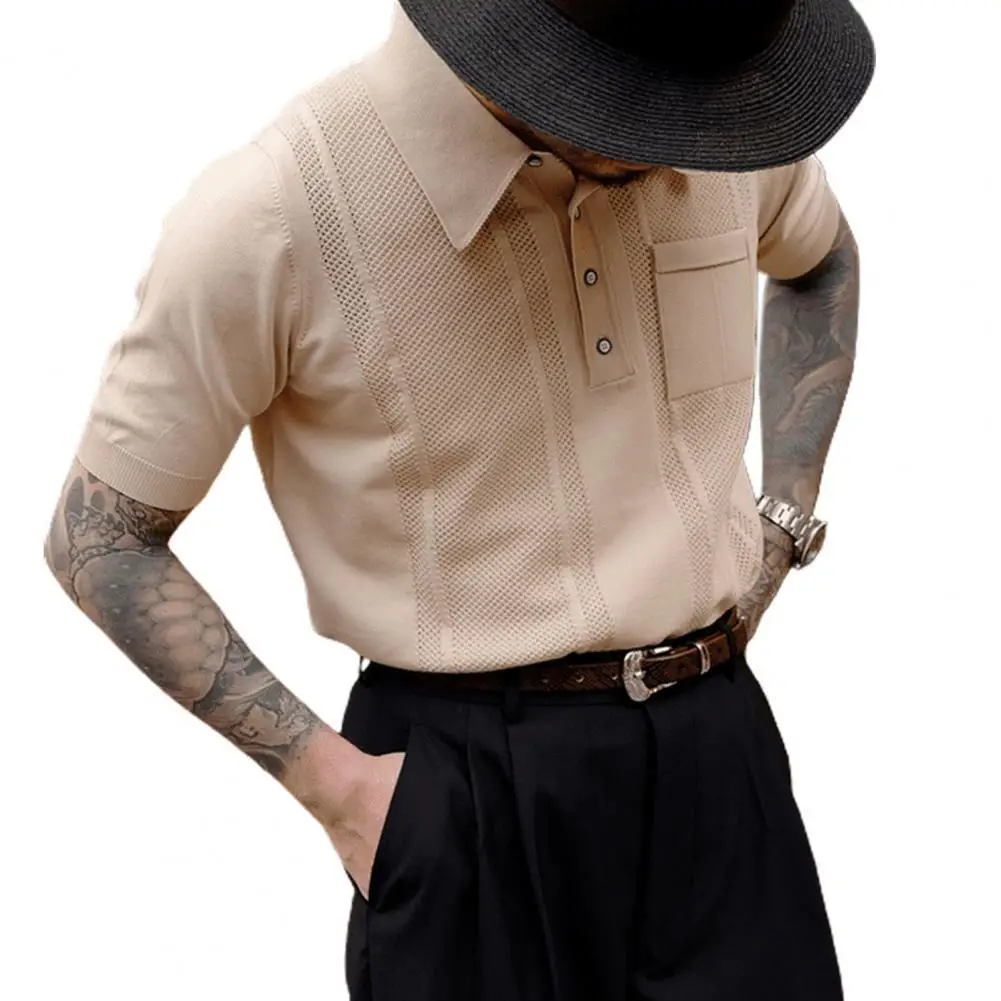 

Men Tops Buttons Summer Tops Turn-down Collar Half Single-breasted Summer Tops