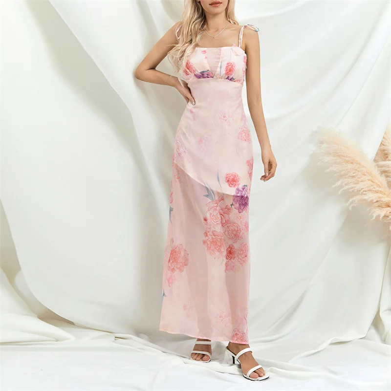 

Summer Bandage Backless Layers Bodycon Dresses Women Party Beach Strapless Spaghetti Strap Floral Print Long Dress Streetwear