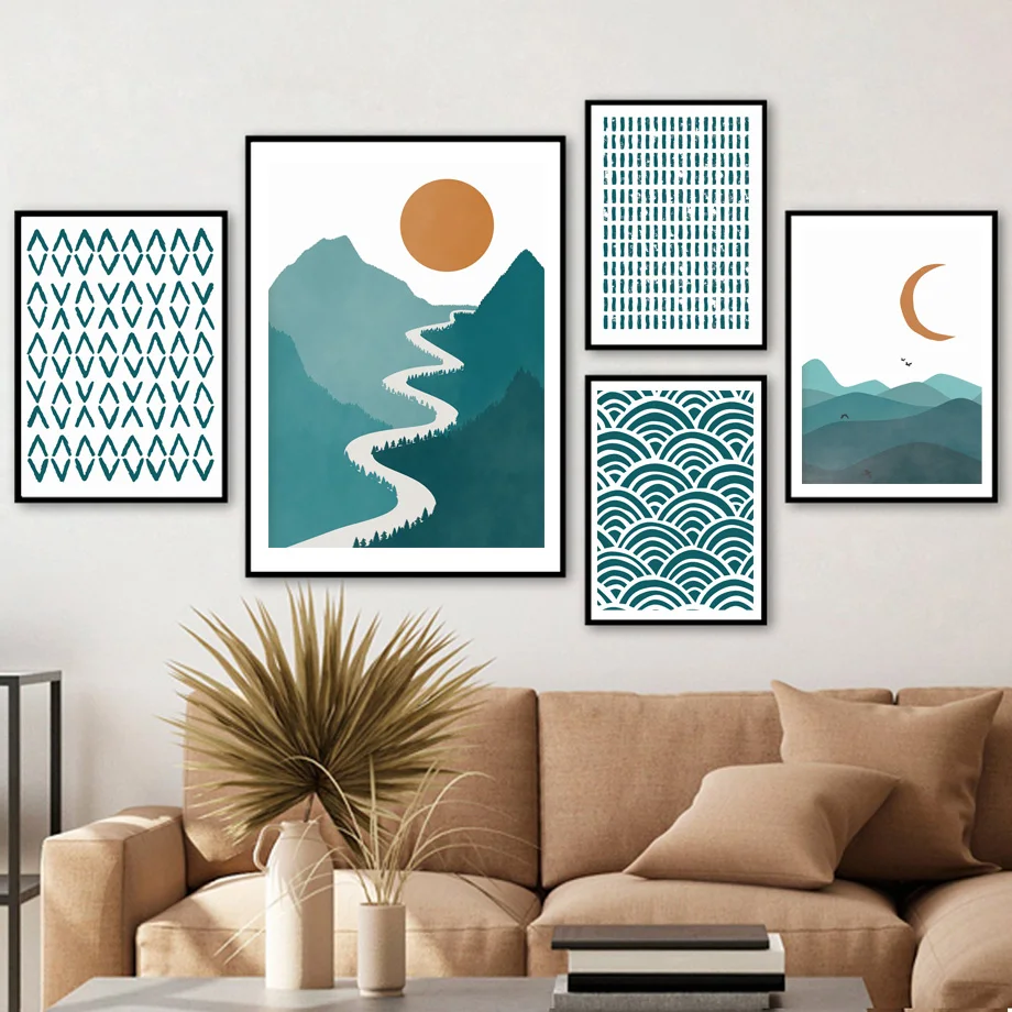 Настенная Картина на холсте с изображением гор солнца Луны шара абстрактного