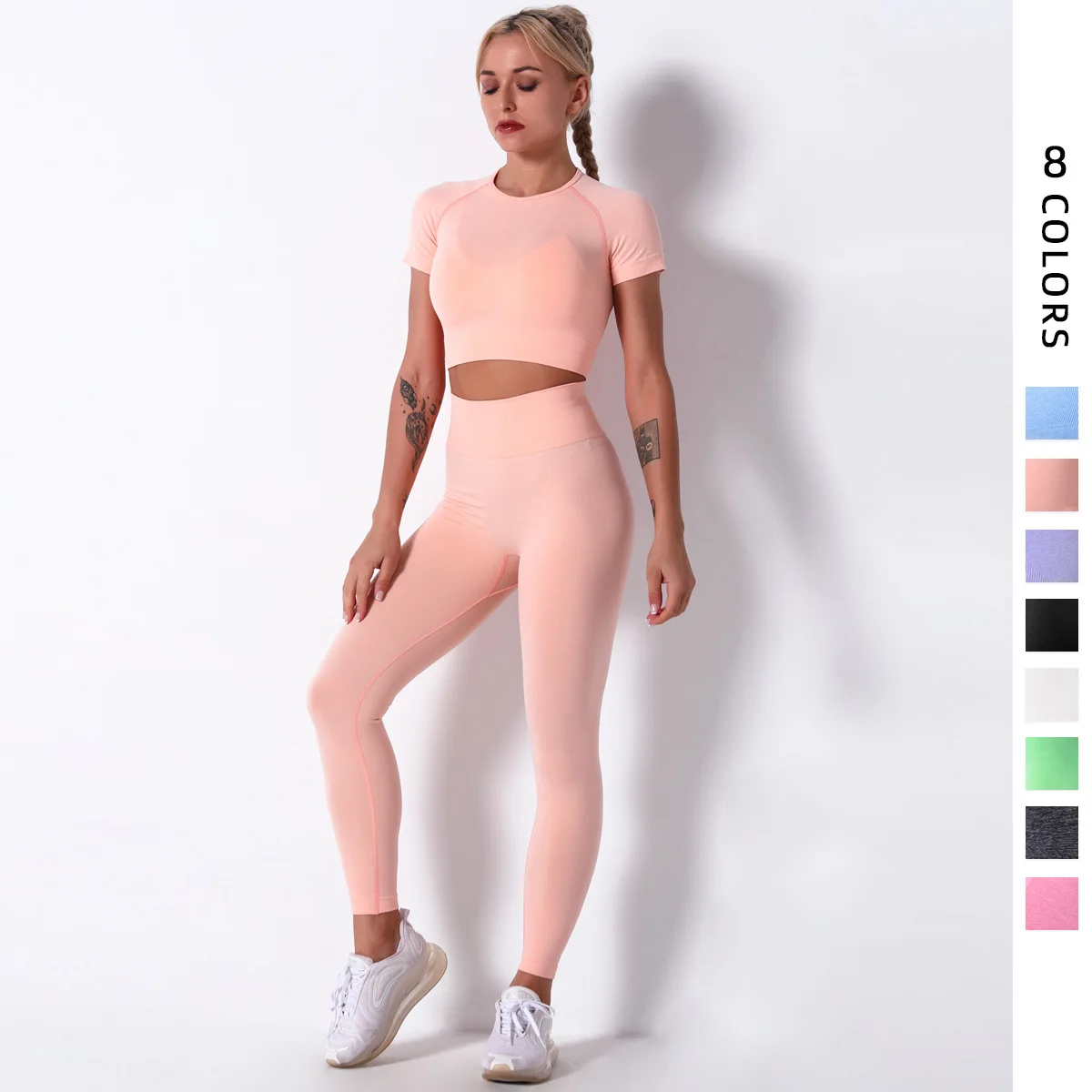 

Бесшовный комплект для йоги, Женский костюм для йоги, вязаные леггинсы с коротким рукавом и завышенной талией, Быстросохнущий Спортивный костюм для йоги, бега, фитнеса