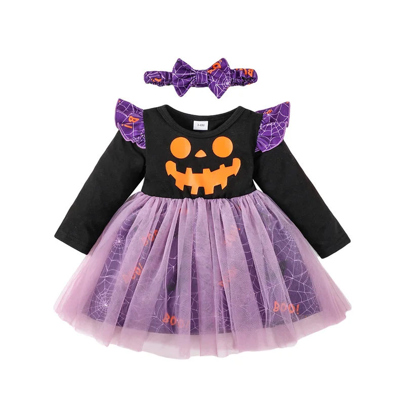 

Платье на Хэллоуин для маленьких девочек, повседневная многослойная кружевная сетчатая фатиновая пачка с длинным рукавом, с надписью, летучая мышь, тыква, комбинезон на осень
