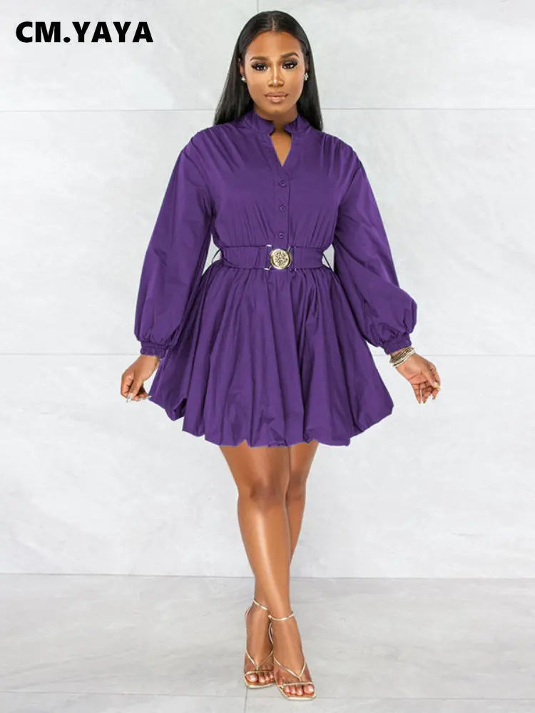 

CM.YAYA Long Sleeve with Belt Single Breasted Lapel Neck Big Swing Ball Gown Shirt Smock Dresses for Women Winter Autumnn Dress