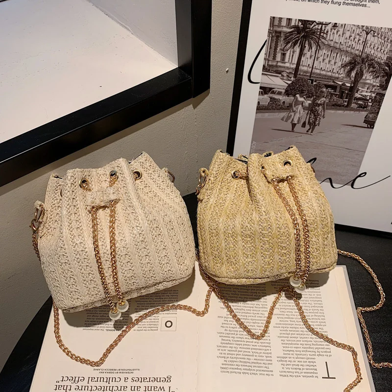 Summer trend straw bag 2022 new simple chain messenger one shoulder fashion portable bucket bag