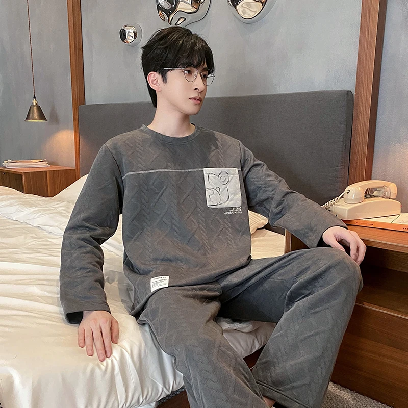 QUHENG Men's Pajamas Autumn Winter Cotton Pijamas Set 2022 New Warm Cartoon Long Sleeve Trousers Two-piece Loose Casual Suit