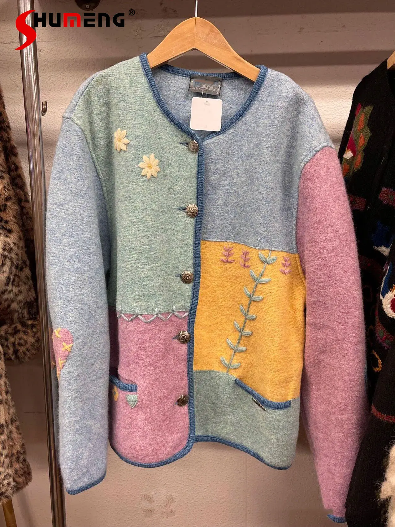 

New Ladies Fashion Streetwear Embroidery Color Matching Woolen Coat Women's 2022 Autumn Winter New Retro Trendy Loose Jacket