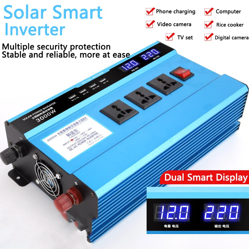 

3000 Вт автомобильный инвертор 12 В 24 В 48 В до 220 В 3000 Вт интеллектуальный вентилятор автомобильный домашний инвертор с дисплеем солнечный авто...