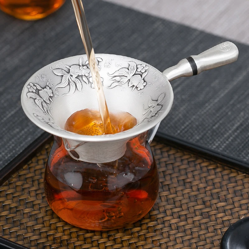 

Three-dimensional relief fish sterling silver tea leak silver tea filter Kung Fu tea ceremony accessories 999 pure handmade tea