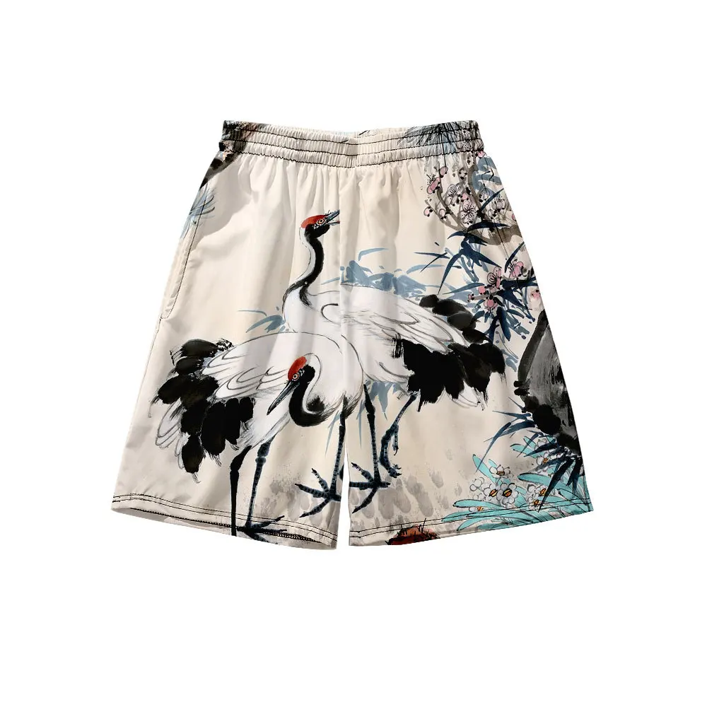 

2023 Summer Seaside Beach Home Large Size Loose Crane 3 Holiday 3D Printing Quick-drying Beach Pants Shorts