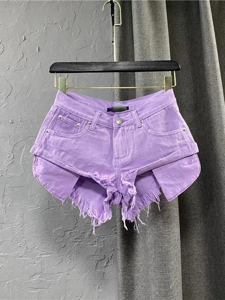 Sexy Low Waist Tassel Purple Pocket Loose A Word Wide Leg Denim 2022 Summer Fashion Hot Pants Short Jeans Pants for Women