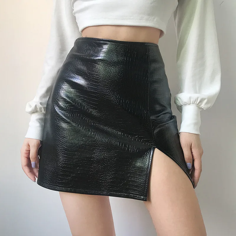 

Women Gothic PU Leather Split Skirt Solid Color High Waist Bodycon A-line Skirt for Spring Autumn Vintage 90s Streetwear
